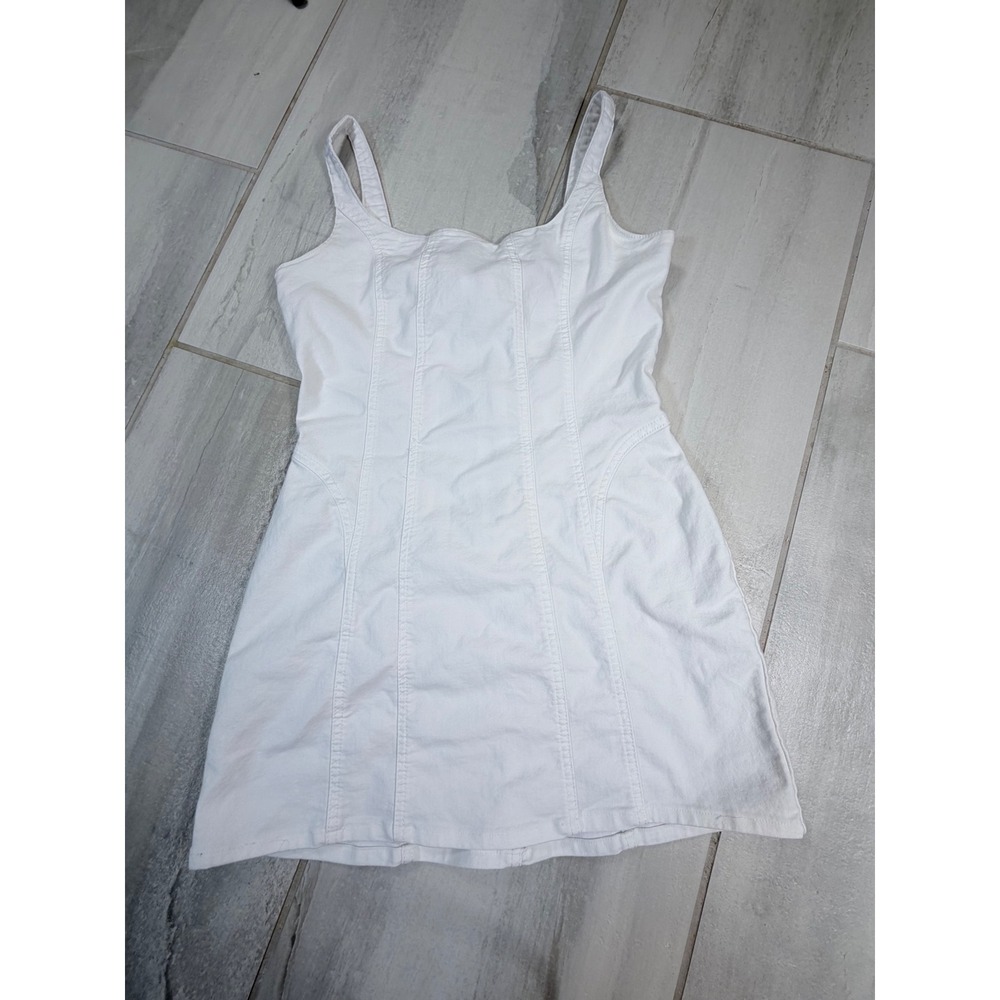 Miou Muse Womens White Denim Mini Dress D3124 Size M Zip Back Stretch Bodycon